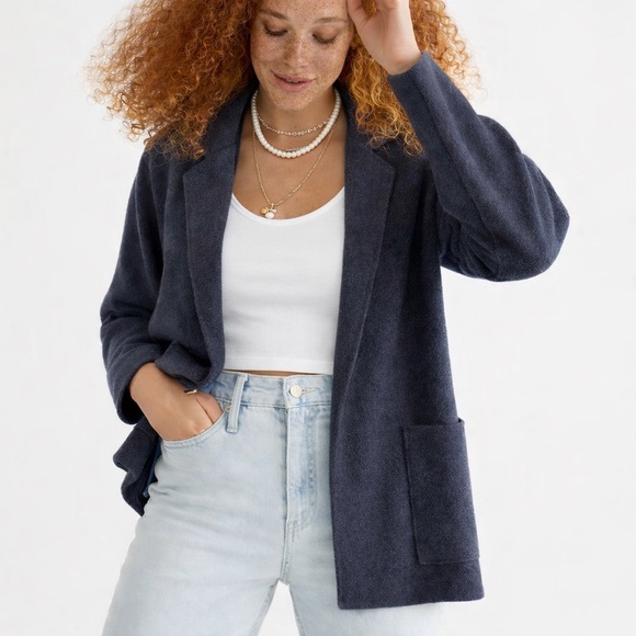Zara Sweaters - ZARA Knit Navy Blue Open Front Cardigan Blazer | Thick Cozy Layer | Size M